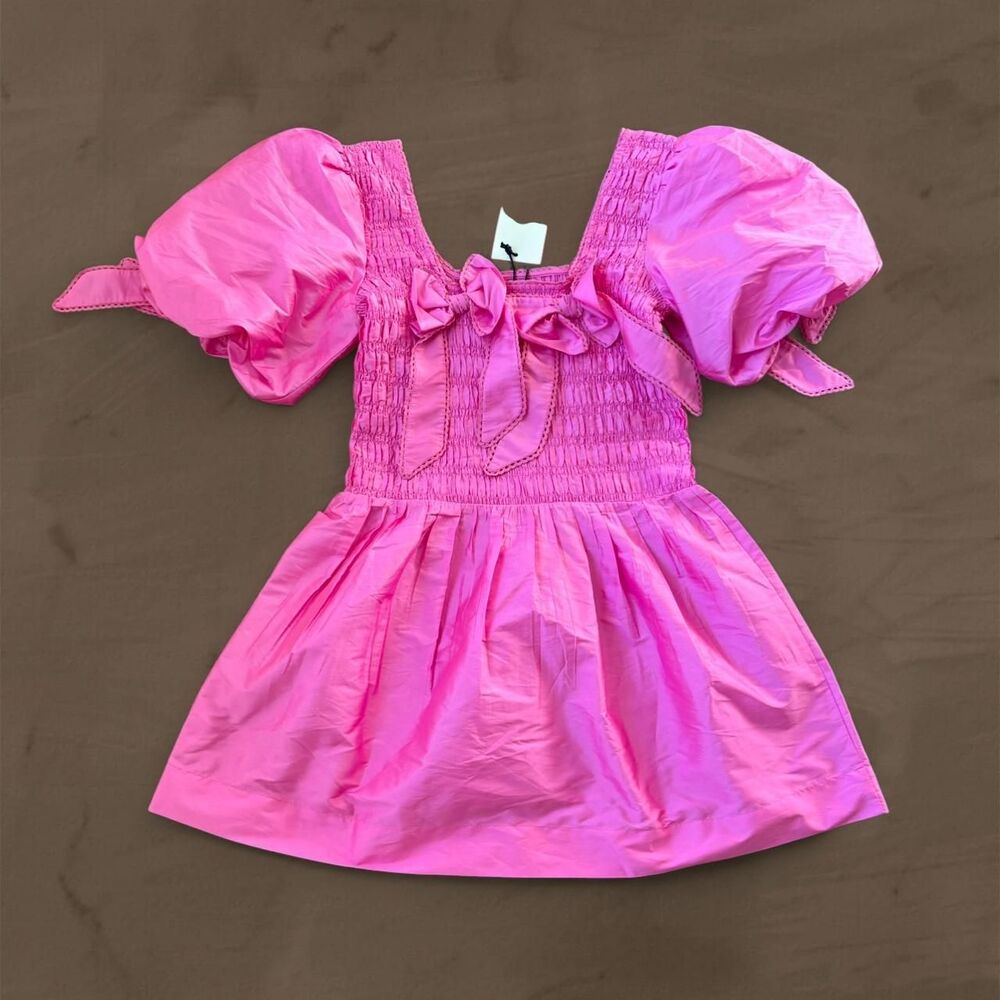 Damson Madder pink shirred dress with bows babydoll new size 16